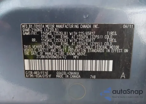 2011 Toyota Rav4 Base V6 из США, поврежденный, VIN 2T3BK4DV6BW054742